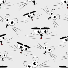 Seamless texture of cartoon cat muzzles on gray background. Isolated