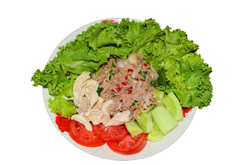 Fresh vegetable salad with meat on a white background