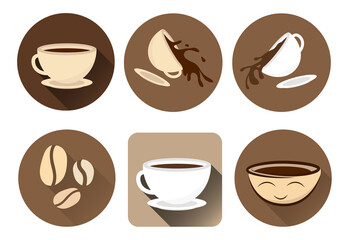 Set of flat icons with coffee cups. Coffee beans. Funny cartoon cup. Isolated.