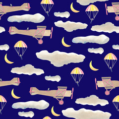 Planes in the sky with clouds at night seamless pattern night