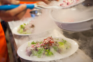 Serving mediterranean cuisine vegetables with dry ice