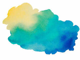 Abstract watercolor effect, splash texture using yellow green and blue. Painted by hand on white background.