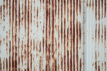 rustic metal or sheet metal wall with peeling paint and rust as background and design element with plenty of space for text