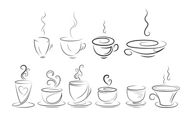 Set of stylized coffee cups. Hand-drawn, sketch style. Isolated.
