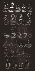 Set of many stylized coffee cups. Hand-drawn, sketch style. Isolated on a chalkboard.