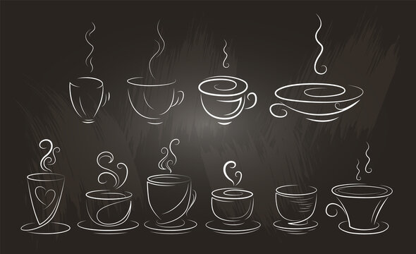 Set of many stylized coffee cups. Hand-drawn, sketch style. Isolated on a chalkboard.