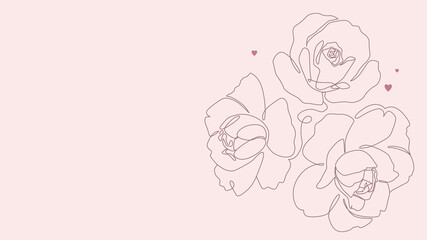 Botanical illustration with line art. Rose and peony flowers single line drawing. One line minimalist style sketch with hearts for print, banner, card or invitation. - Vector
