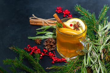 Cup of fruit tea with apples, rosemary, cinnamon and anise on a dark background