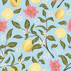 Fototapeta na wymiar Beautiful seamless pattern with lemons, flowers and branch. Colorful hand drawn vector illustration. Texture for print, fabric, textile, wallpaper.