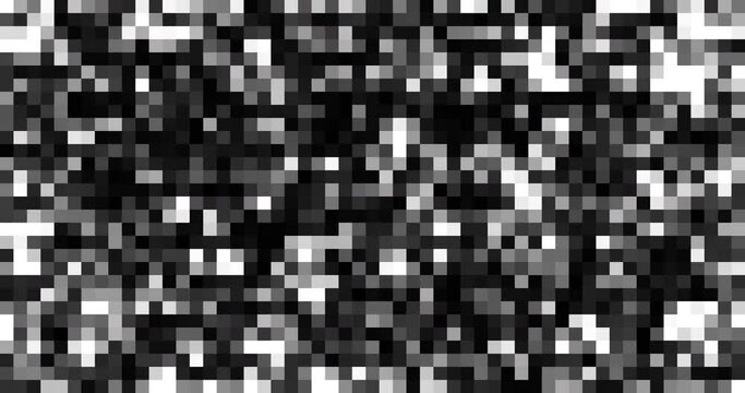 Many black, white and gray pixels. Abstract pattern background with mosaic motion animation. digital noise made with big monochrome squares
