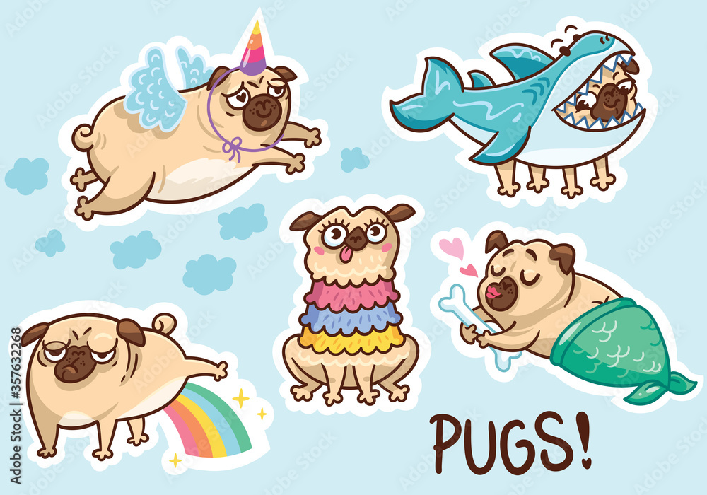 Wall mural Funny pug dog sticker set. Vector illustration