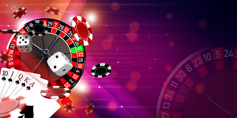 Casino theme background illustration with roulette wheel, royal flush hand combination, flying casino chips and dice. 3D illustration