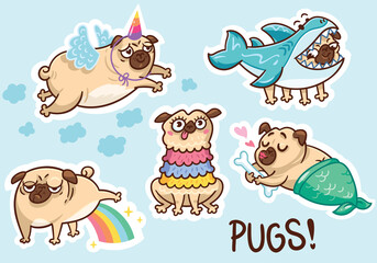 Funny pug dog sticker set. Vector illustration