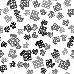 Black Pills in blister pack icon isolated seamless pattern on white background. Medical drug package for tablet, vitamin, antibiotic, aspirin. Vector Illustration.