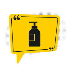 Black Hand sanitizer bottle icon isolated on white background. Disinfection concept. Washing gel. Alcohol bottle for hygiene. Yellow speech bubble symbol. Vector Illustration.
