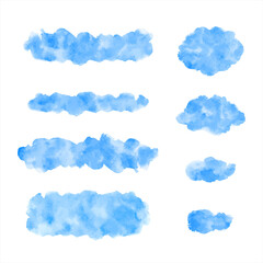 Fototapeta premium Watercolor graphic design elements set. Sky blue brush strokes, spots, oval smears, uneven stripes, smudges. Watercolour stains text banner, cloud shape, frame template. Painted water, sea background