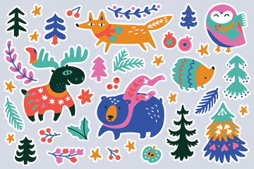 Christmas forest animal sticker set. Vector illustration