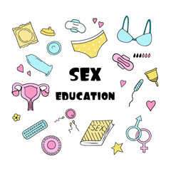 Sex education set of elements in doodle style. Hand-drawn vector clipart.