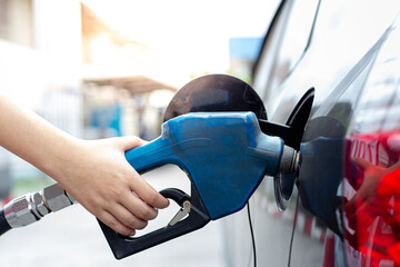 girl's hand is pressing to refuel the black car.