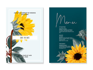 Sunflower watercolor vector wedding card. Summer nature yelow flower macro bloom. Helianthus greeting card, menu card, rsvp invitation, seeds and oil , rustic design. Greenery botanical frame