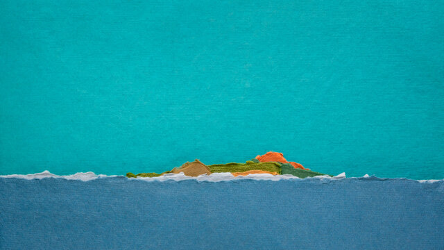 tropical island and ocean -  abstract landscape created with handmade Indian rag paper