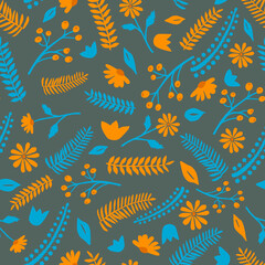 Floral leaves vector pattern. Orange and blue. Botanical background pattern for textile