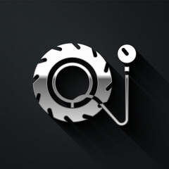 Silver Tire pressure gauge icon isolated on black background. Checking tire pressure. Gauge, manometer. Car safe concept. Long shadow style. Vector Illustration.