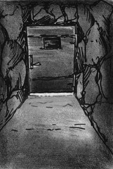 The dark door at the end of the corridor, charcoal