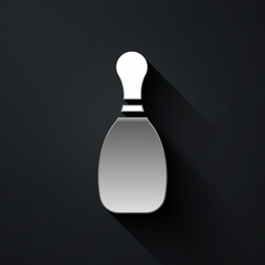 Silver Bowling pin icon isolated on black background. Long shadow style. Vector Illustration.