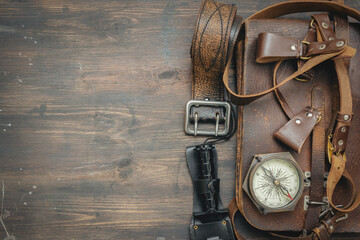 Old travel equipment and adventurer accessories on the wooden table flat lay background. © Dmitriy