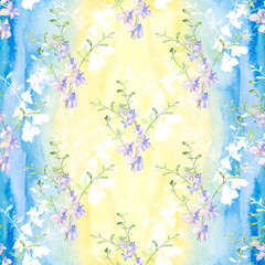 Plakat Seamless pattern. A branch with flowers and buds on a watercolor background. Delphinium. Garden flowers.Medicinal, perfume and cosmetic plants. Use printed materials, signs, posters, postcards.