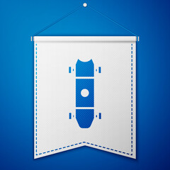 Blue Longboard or skateboard cruiser icon isolated on blue background. Extreme sport. Sport equipment. White pennant template. Vector Illustration.