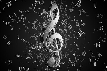 Silver metallic music treble clef symbol with musical notes flying around it on black background - obrazy, fototapety, plakaty