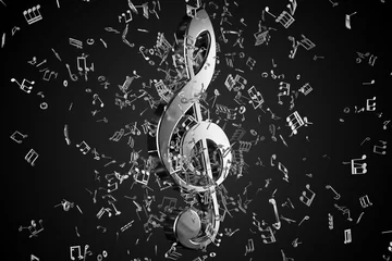 Foto op Aluminium Silver metallic music treble clef symbol with musical notes flying around it on black background © Shawn Hempel