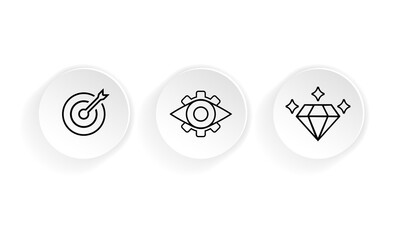 Mission, vision, values icon set or business goal and care logo in black design concept on an isolated white background. EPS 10 vector.