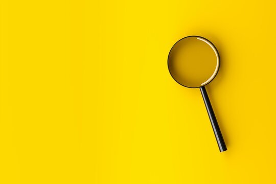 Magnifying glass with shadow on yellow background with copy space - minimal information search, find or exploration concept