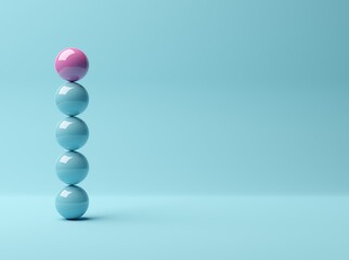 Pink sphere on stack of blue spheres on blue background, abstract modern minimal success, growth,...