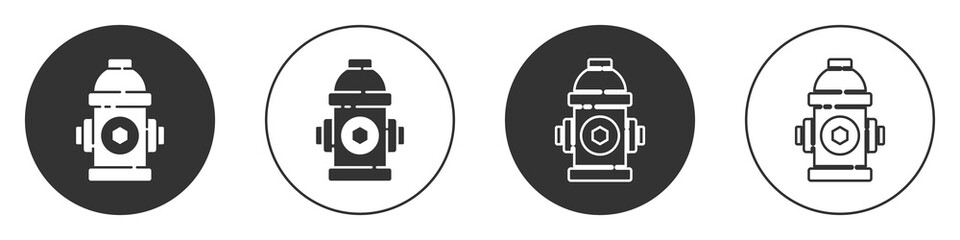 Black Fire hydrant icon isolated on white background. Circle button. Vector Illustration.