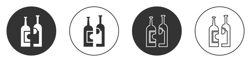Black Bottles of wine icon isolated on white background. Circle button. Vector Illustration.