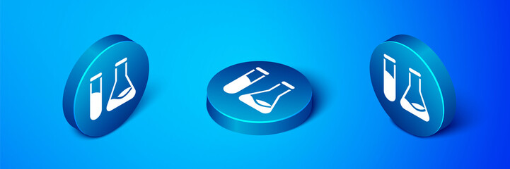 Isometric Test tube and flask - chemical laboratory test icon isolated on blue background. Laboratory glassware sign. Blue circle button. Vector Illustration.