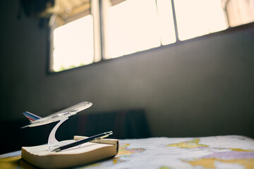 The concept of travel and plane flying and sunlight