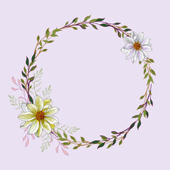 Floral round frame of yellow and white flowers Dahlia and green branch on pink background.For your design, wedding stationary, fashion, invitation template, greeting card,saving the date card.Vector.