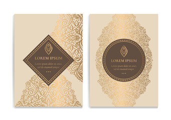 Beige and gold luxury invitation card design. Vintage ornament template. Can be used for background and wallpaper. Elegant and classic vector elements great for decoration.