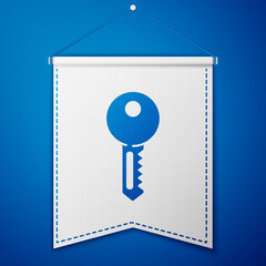 Blue House key icon isolated on blue background. White pennant template. Vector Illustration.