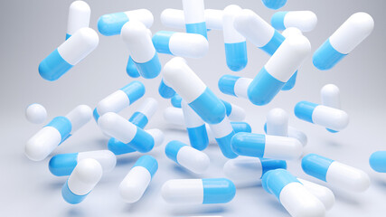 Close up pills capsule on white background. 3d render
