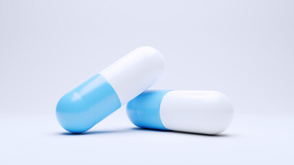 Close up pills capsule on white background. 3d render