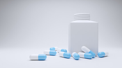 Close up pills capsule on white background. 3d render