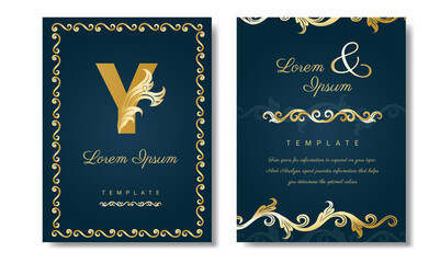 Wedding invitation set featuring an outline gold floral on Green color background design.
