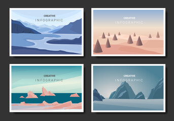 Landscapes vector set, with Mountain Background, flat style. Natural wallpapers are a minimalist, polygonal concept, illustration.