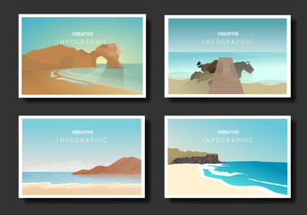 Landscapes vector set, with Sea Background, flat style. Natural wallpapers are a minimalist, polygonal concept, illustration.